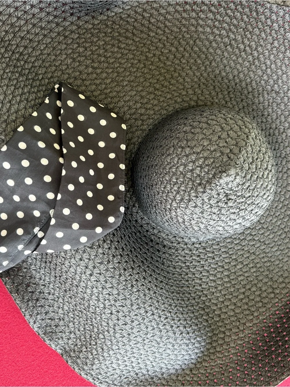 Black Wide-Brim Straw Hat with Polka Dot Bow
